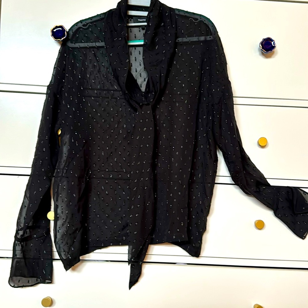Theory Black Sheer Blouse with bell sleeve and neck tie